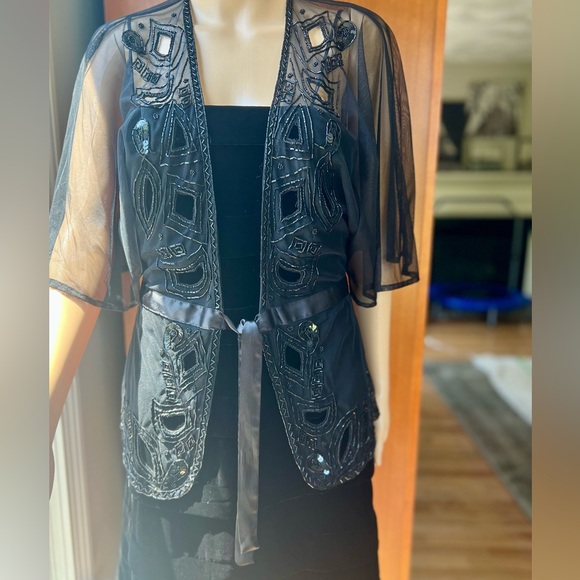 Vintage 90s Black Beaded Mesh Art Nouveau Top Ribbon Bow Glam Goth Victorian - Picture 6 of 10